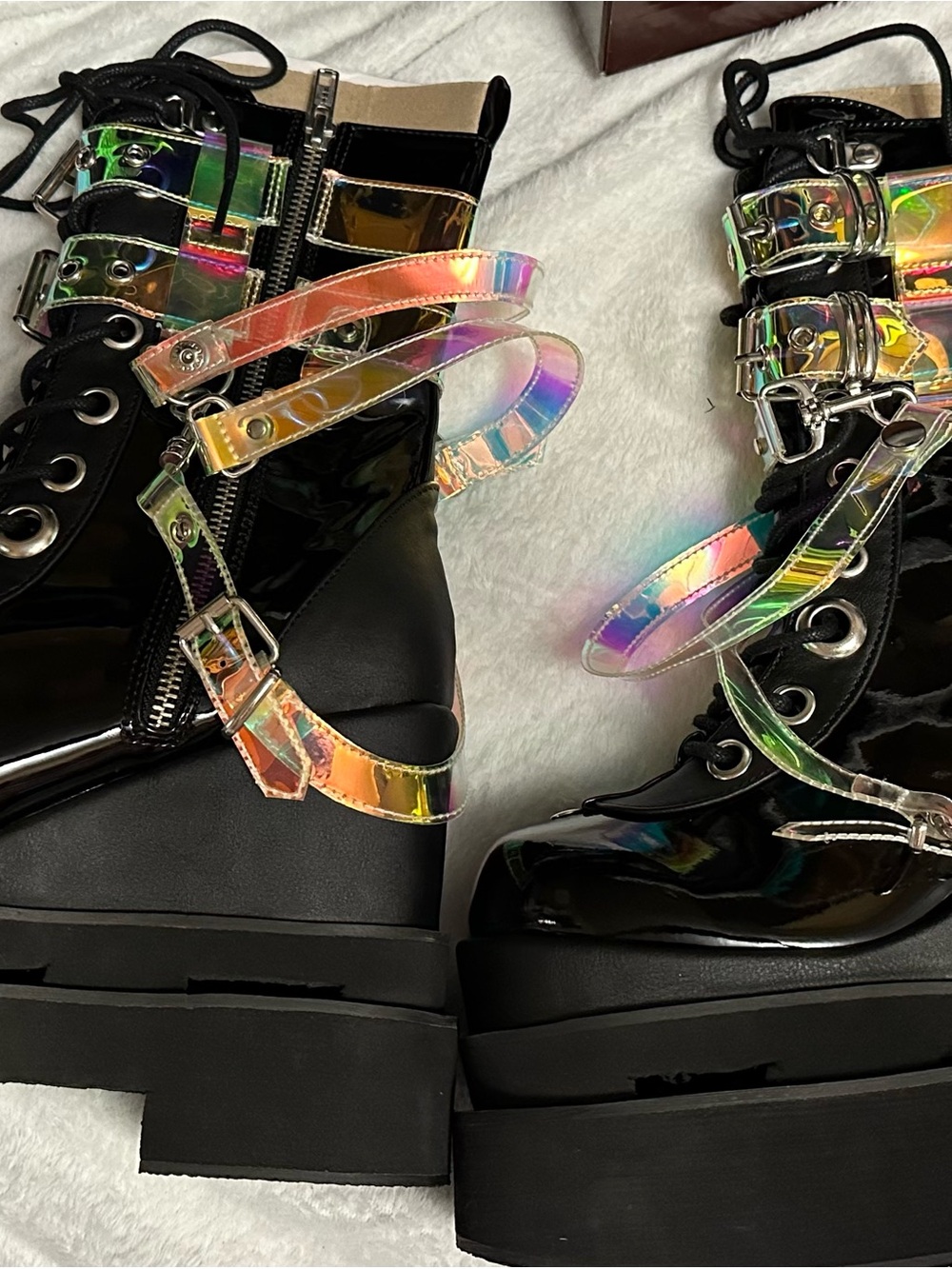 Demonia Black Patent Platform Lace-Up Boots with Holographic Straps Magic Mirror - Picture 4 of 9